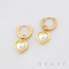 PAIR OF HEART WITH WITH A WHITE PEARLESCENT INLAY DANGLE 316L SURGICAL STEEL HUGGIE/HOOP EARRINGS 